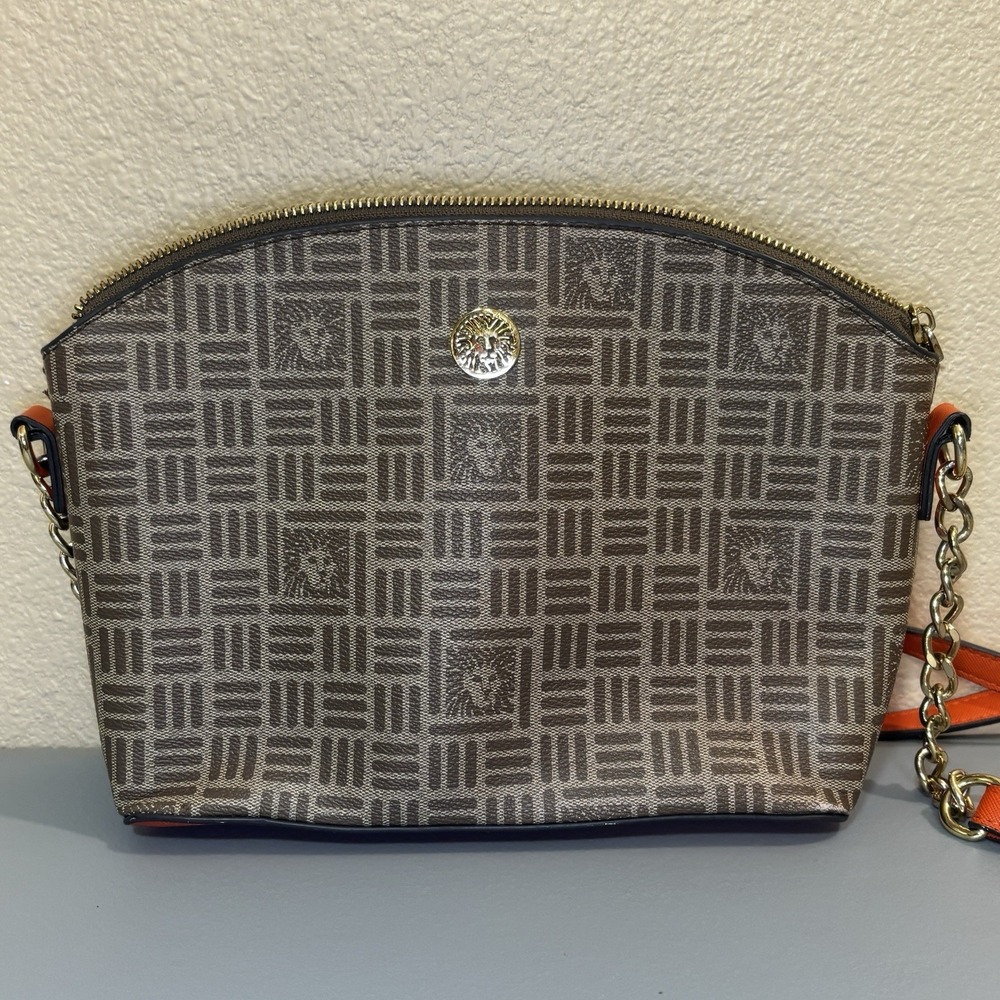 Anne Klein Tan Orange Crossbody Bag Purse Zip Pocket Lion Design‎ Leather READ